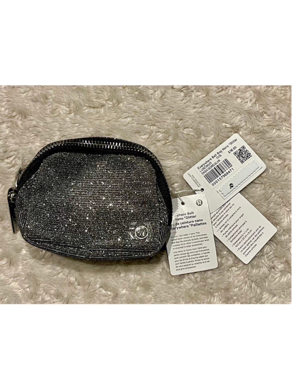 Lululemon Everywhere Belt Bag Nano Glitter, Dark Silver/Graphite Grey/Silver NWT
